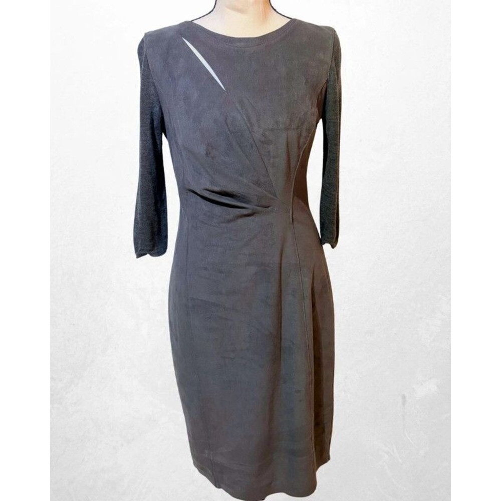 Elie Tahari Grey Ruched Sheath Dress Size 4 Wool Cashmere Sleeve Lined